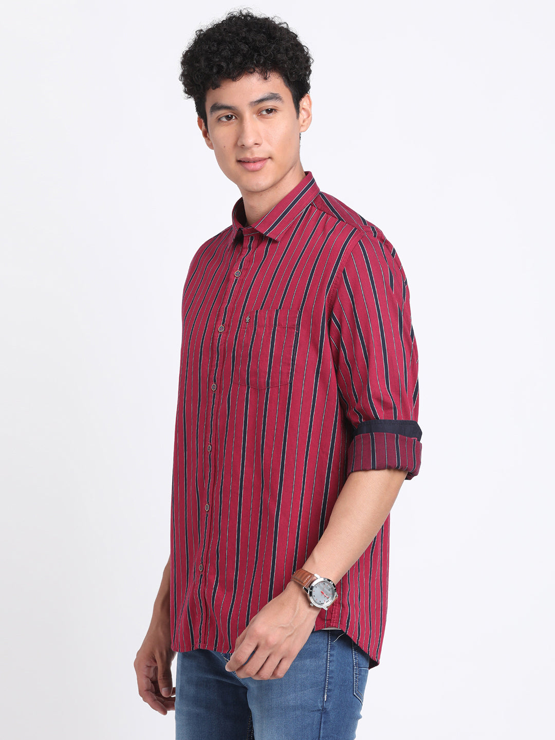 100% Cotton Maroon Striped Slim Fit Full Sleeve Casual Shirt