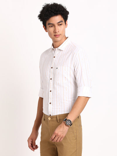 Cotton Linen White Striped Slim Fit Full Sleeve Casual Shirt