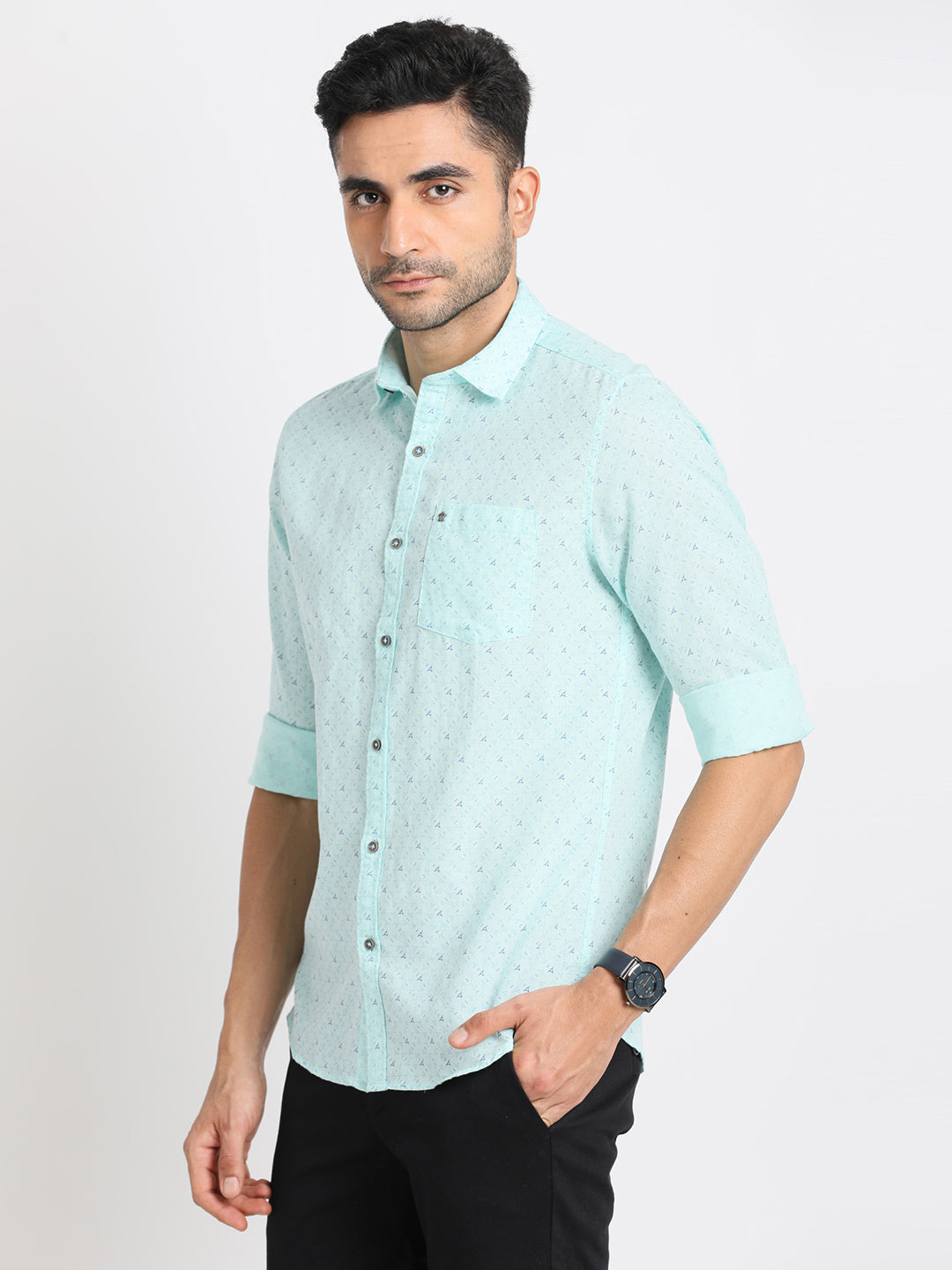 Cotton Linen Sea Green Printed Slim Fit Full Sleeve Casual Shirt