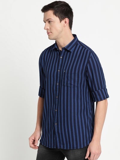 100% Cotton Indigo Navy Blue Striped Slim Fit Full Sleeve Casual Shirt