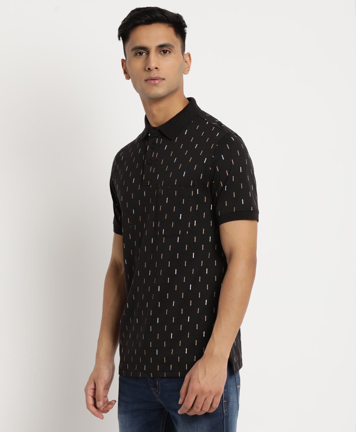 Knitted Black Printed Polo Neck Half Sleeve Casual T-Shirt