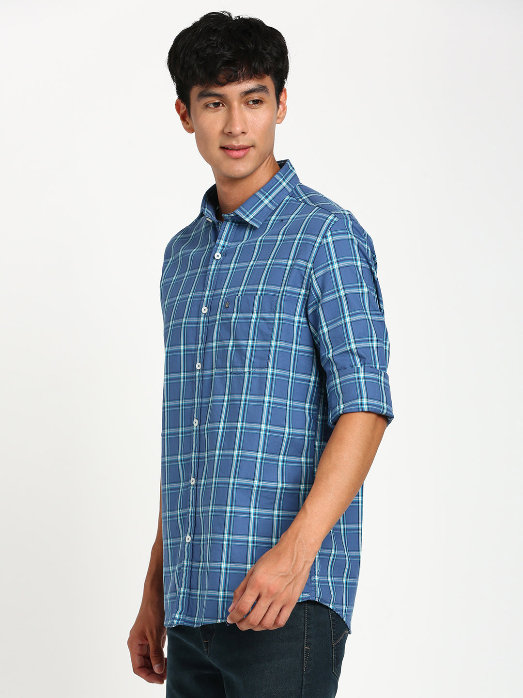 100% Cotton Blue Checkered Slim Fit Full Sleeve Casual Shirt