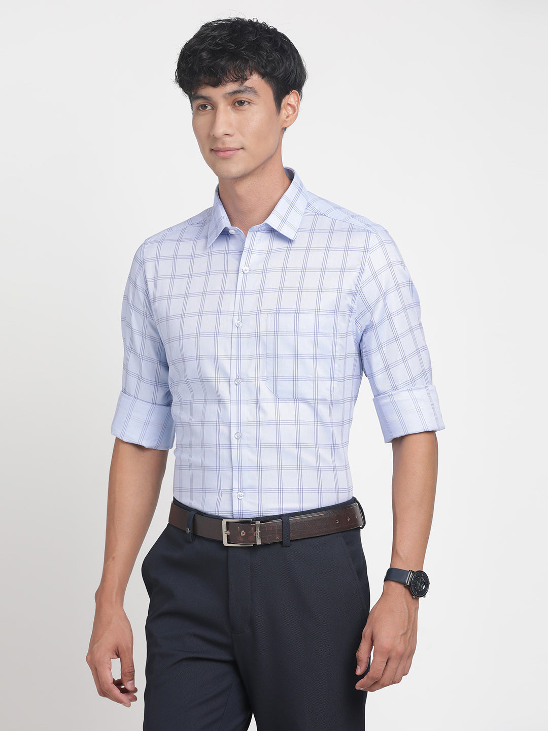 Giza Cotton Light Blue Checkered Slim Fit Full Sleeve Formal Shirt