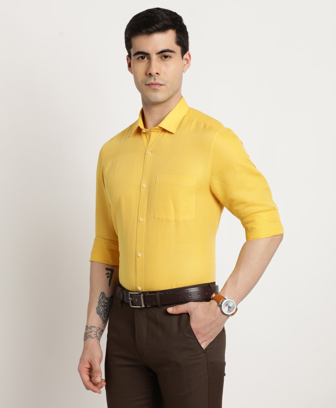 Cotton Linen Yellow Plain Full Sleeve Formal Shirt