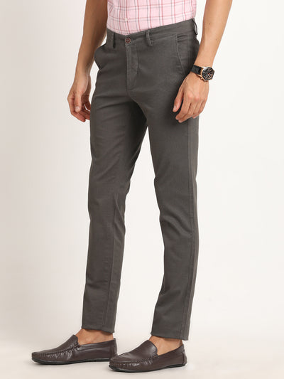 Cotton Stretch Dark Grey Dobby Narrow Fit Flat Front Casual Trouser