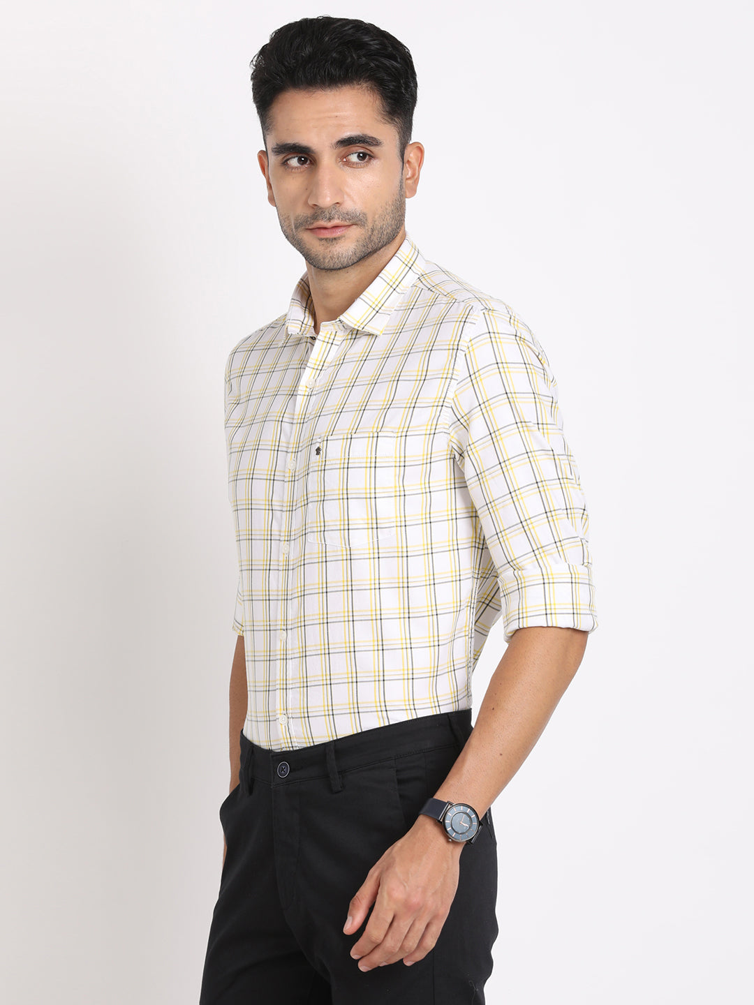 100% Cotton White Checkered Slim Fit Full Sleeve Casual Shirt