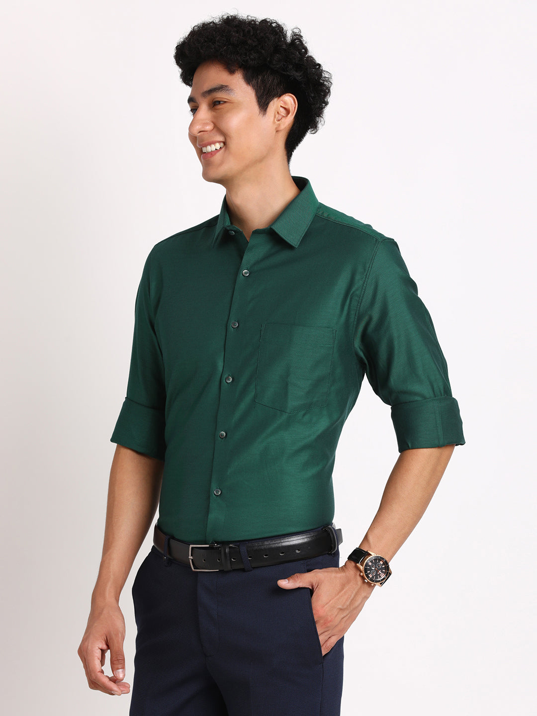 100% Cotton Dark Green Dobby Slim Fit Full Sleeve Formal Shirt