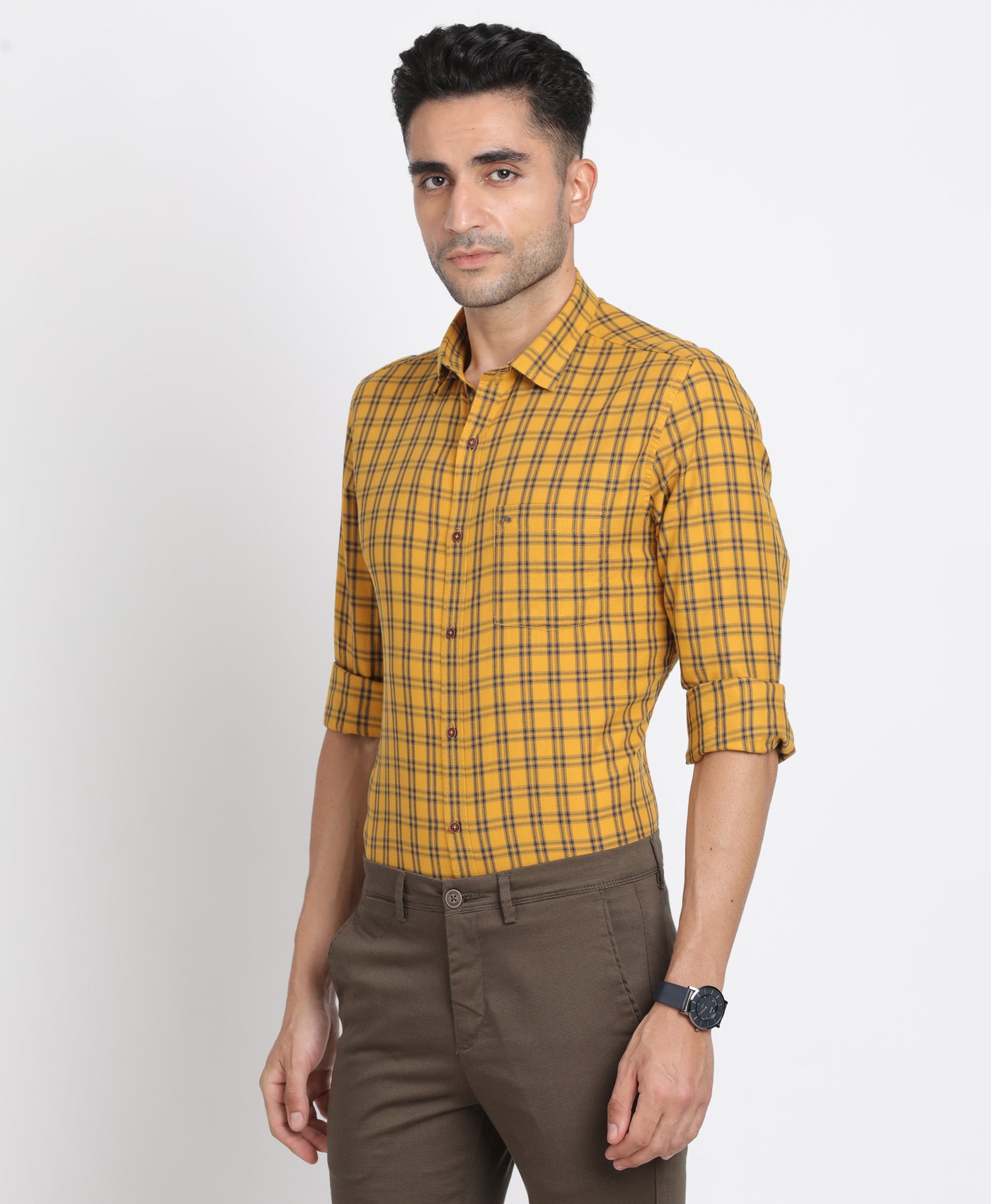 Cotton Lyocell Yellow Checkered Slim Fit Full Sleeve Casual Shirt