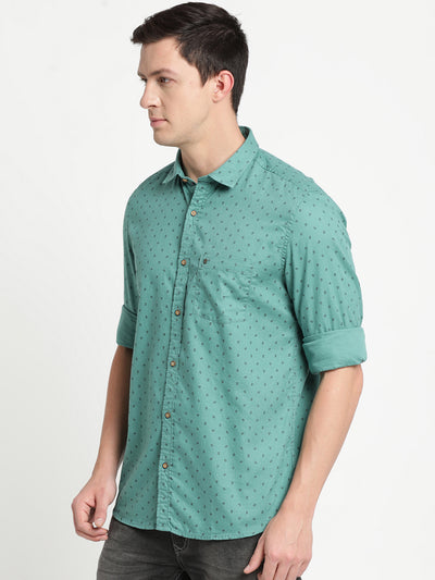 100% Cotton Teal Printed Slim Fit Full Sleeve Casual Shirt