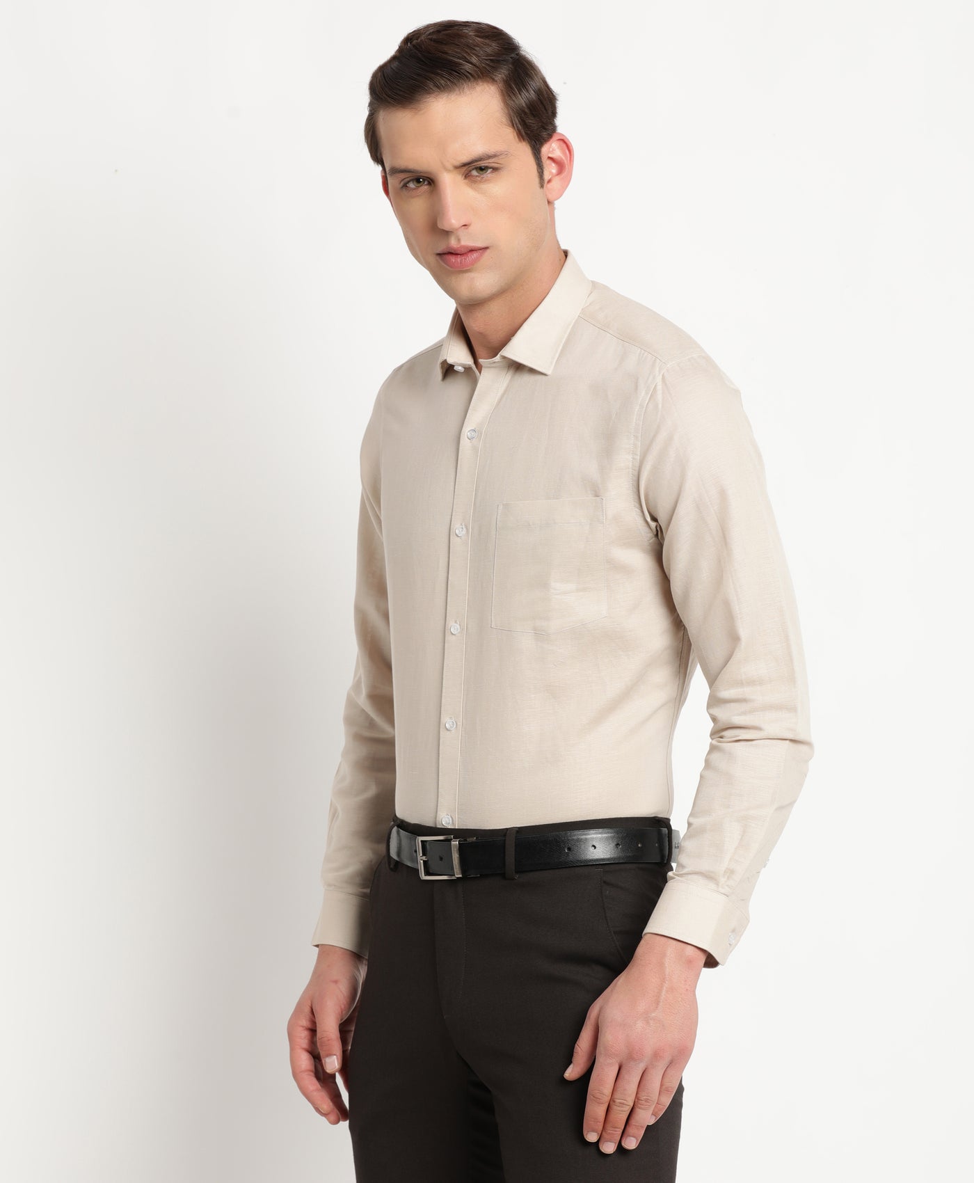 Cotton Linen Beige Plain Slim Fit Full Sleeve Formal Shirt