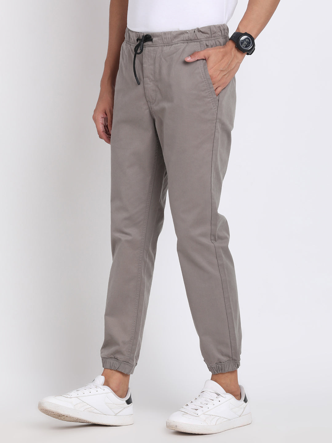 Cotton Stretch Grey Plain Jogger Flat Front Casual Trouser