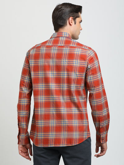 100% Cotton Orange Checkered Slim Fit Full Sleeve Casual Shirt