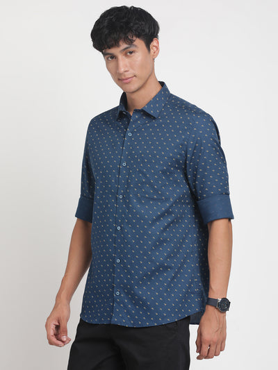 100% Cotton Blue Printed Slim Fit Full Sleeve Formal Shirt