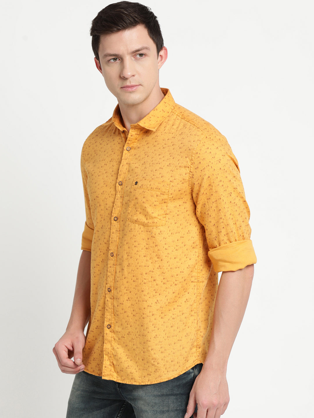 100% Cotton Mustard Printed Slim Fit Full Sleeve Casual Shirt