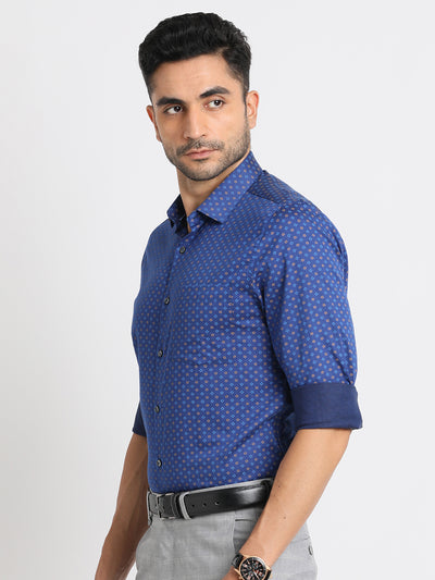 100% Cotton Blue Printed Slim Fit Full Sleeve Formal Shirt