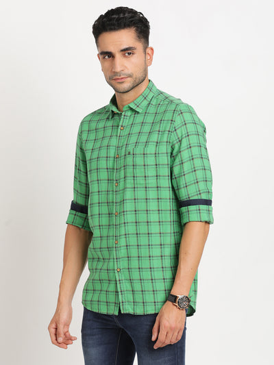 Cotton Viscose Green Checkered Slim Fit Full Sleeve Casual Shirt