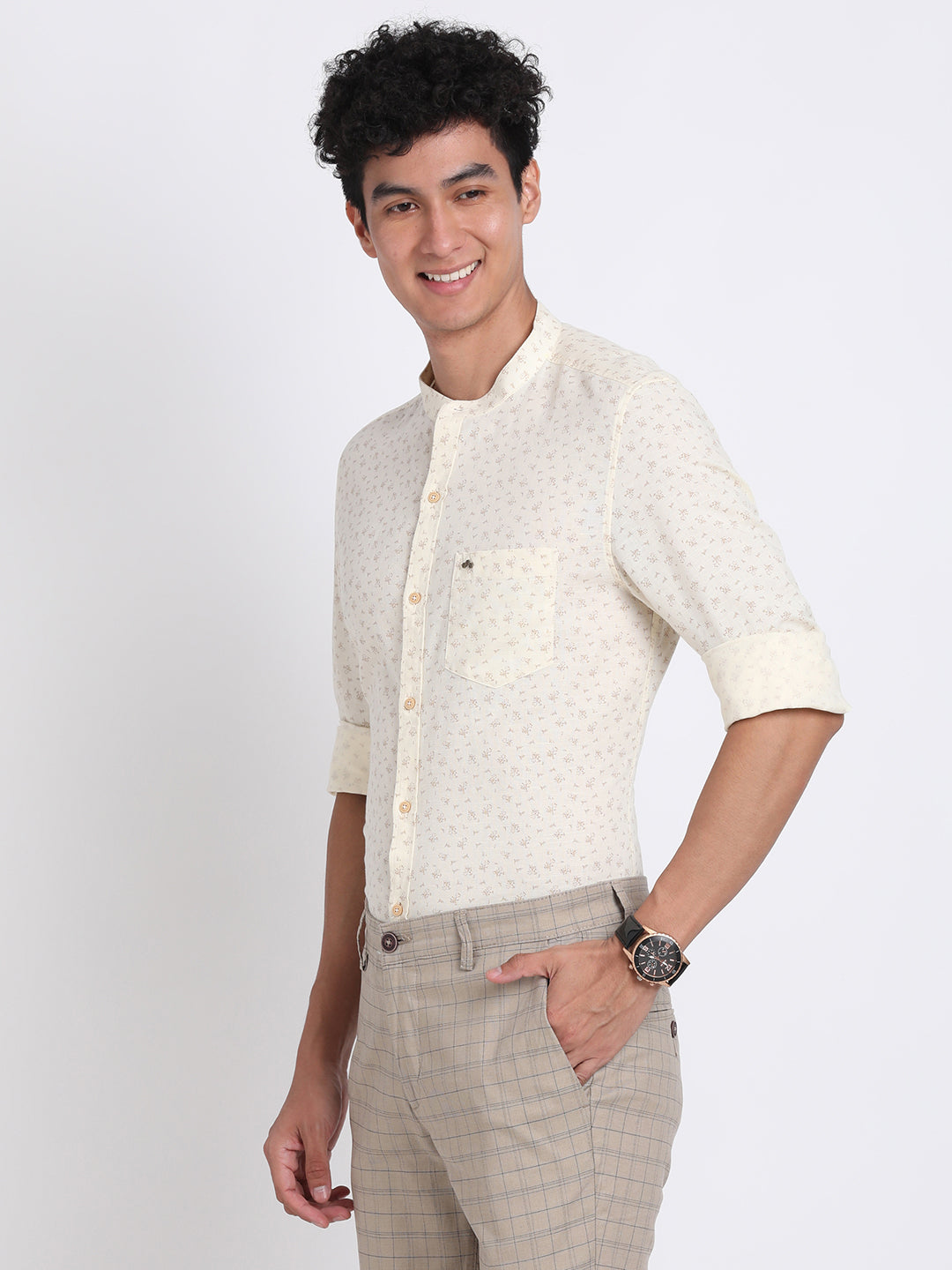 Cotton Linen Beige Printed Slim Fit Full Sleeve Casual Shirt