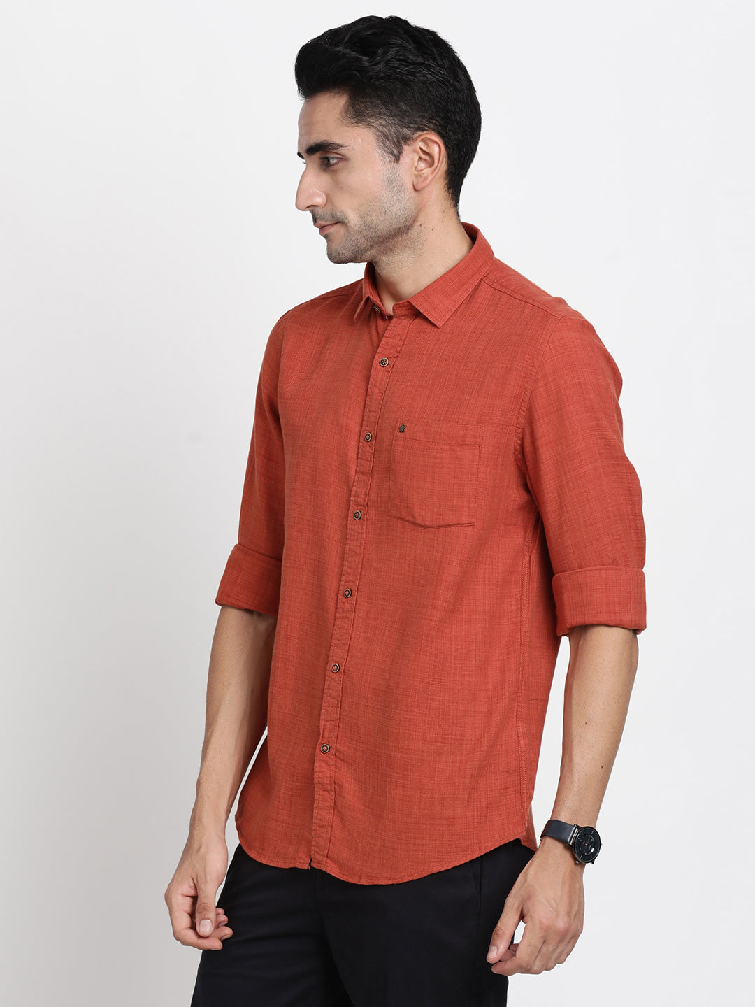 Cotton Lyocell Orange Plain Slim Fit Full Sleeve Casual Shirt