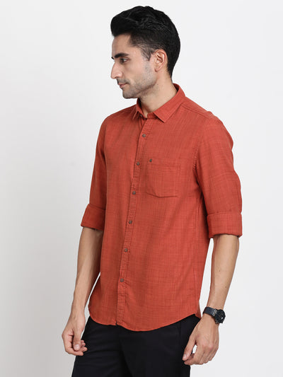 Cotton Lyocell Orange Plain Slim Fit Full Sleeve Casual Shirt