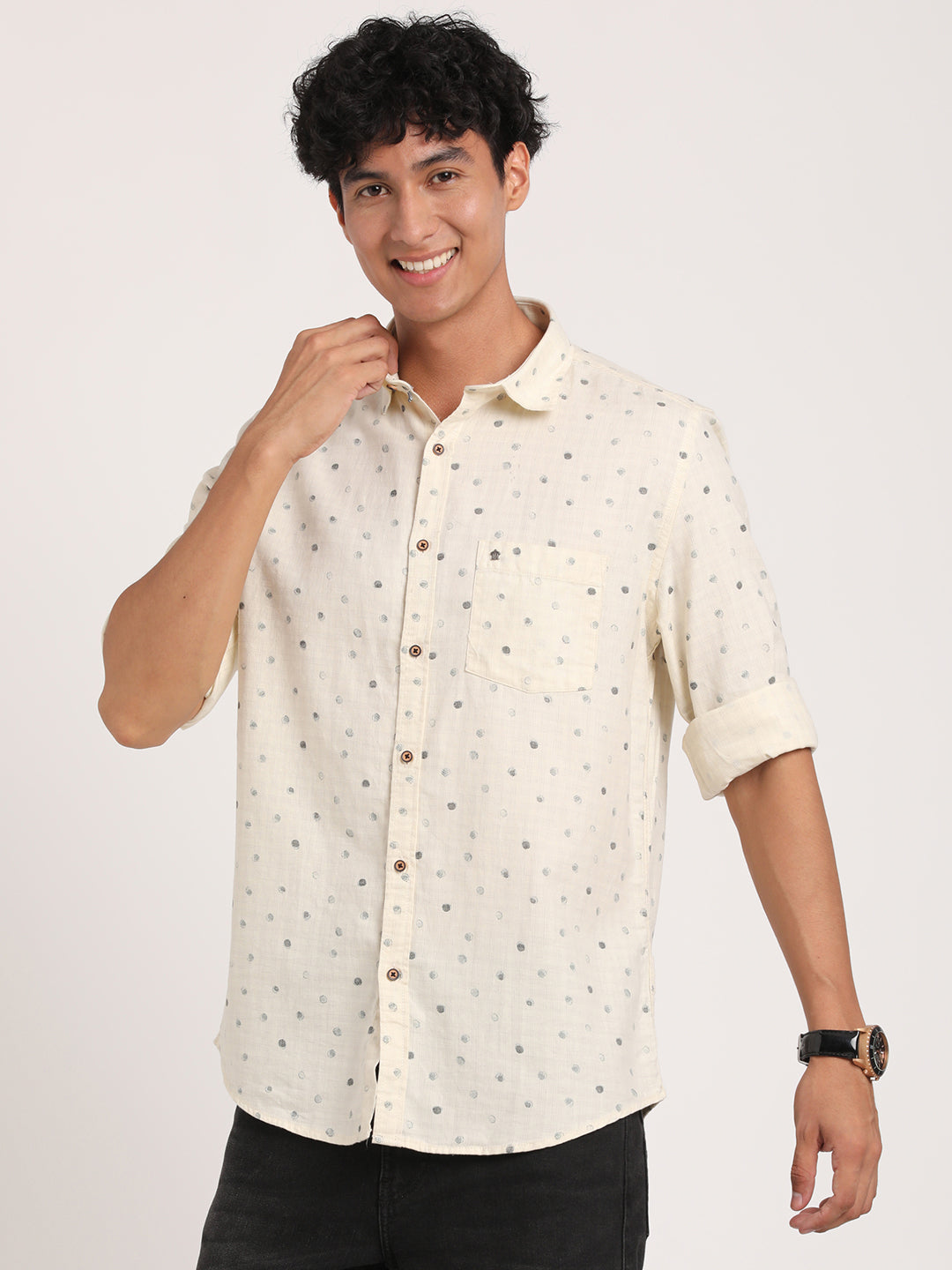 Cotton Melange Cream Printed Slim Fit Full Sleeve Casual Shirt