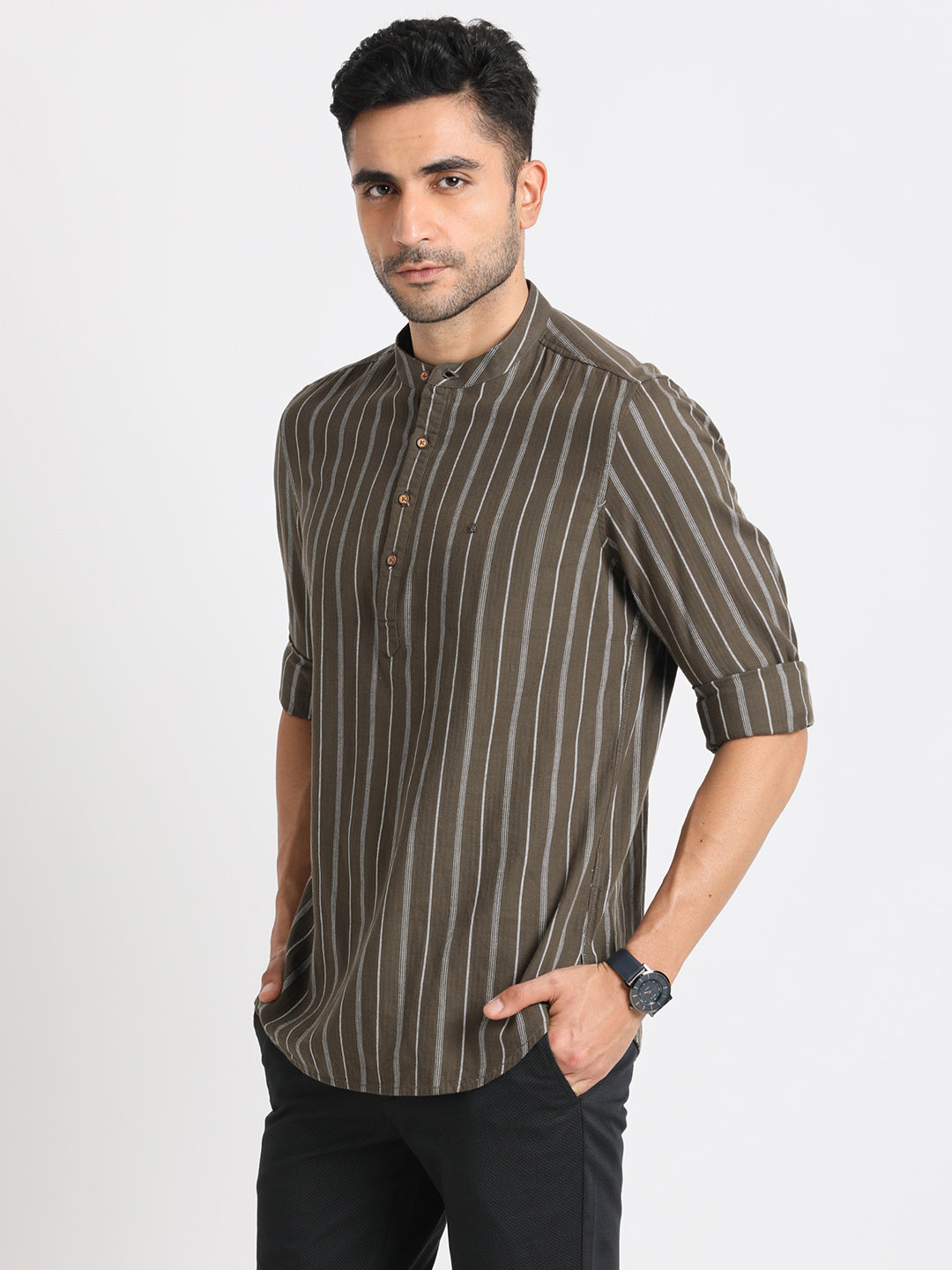 100% Cotton Brown Striped Kurta Full Sleeve Casual Shirt