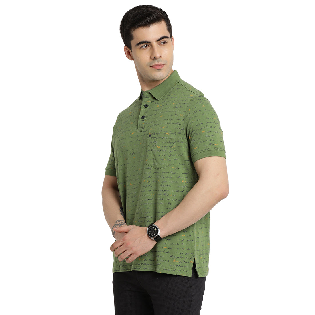 100% Cotton Green Printed Polo Neck Half Sleeve Casual T-Shirt