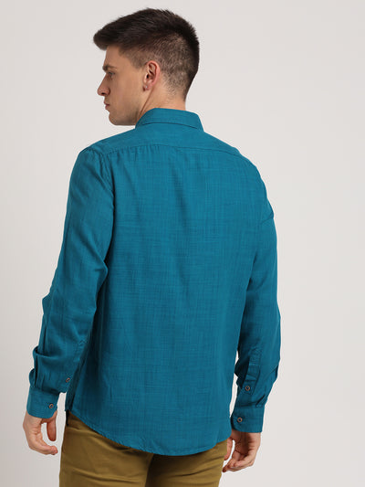 Cotton Lyocell Teal Plain Slim Fit Full Sleeve Casual Shirt