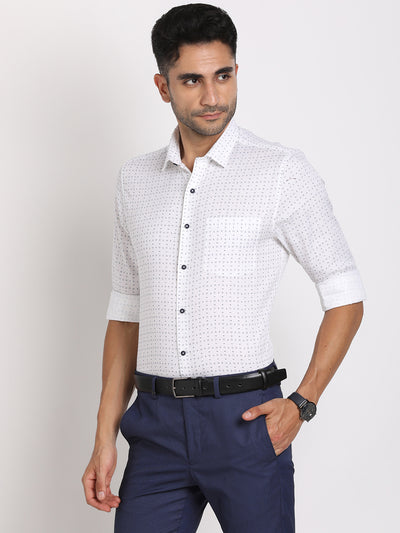 100% Cotton White Printed Slim Fit Full Sleeve Formal Shirt