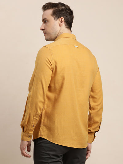 Cotton Lyocell Mustard Plain Slim Fit Full Sleeve Casual Shirt