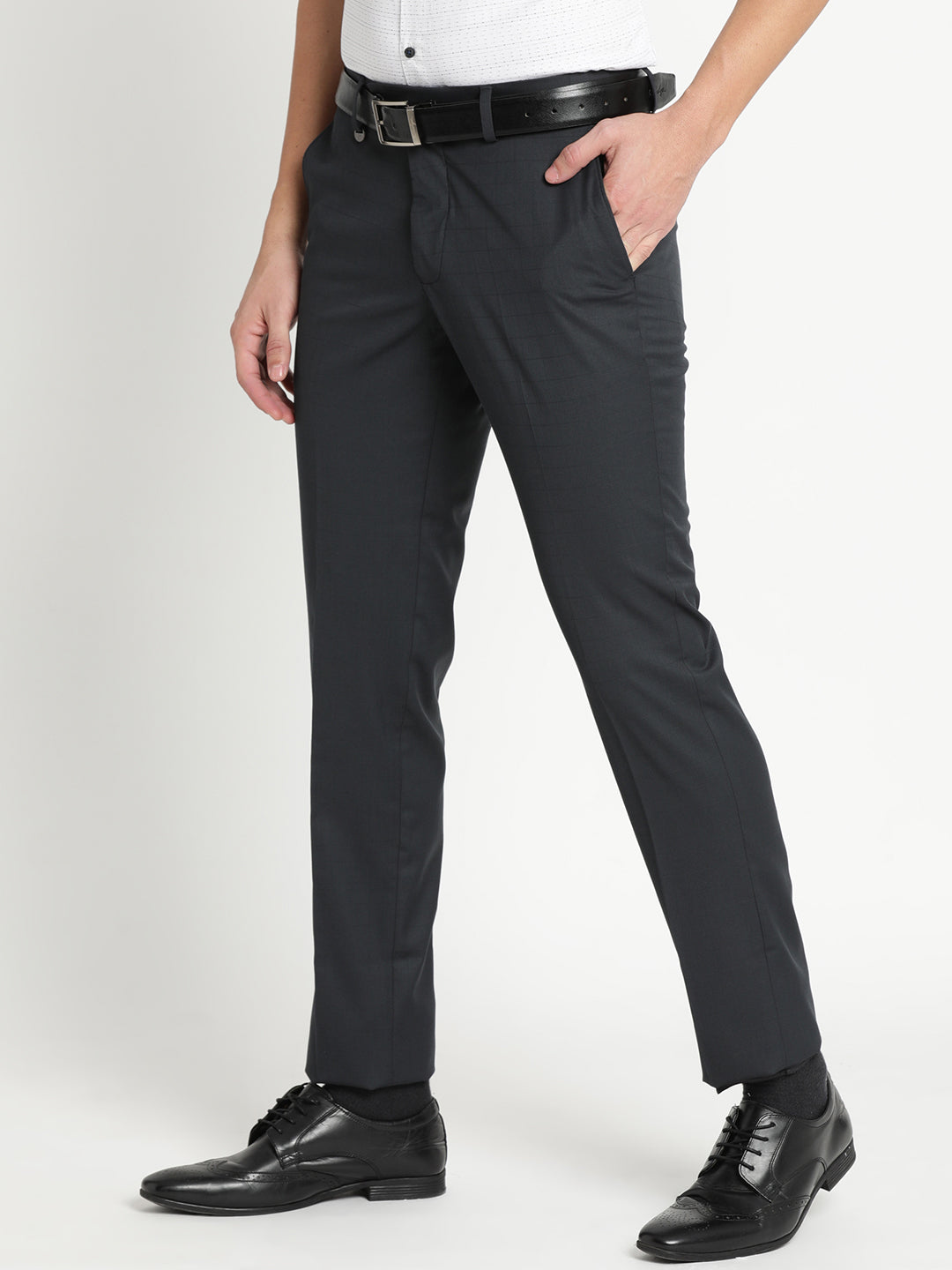 Poly Viscose Black Checkered Slim Fit Flat Front Formal Trouser