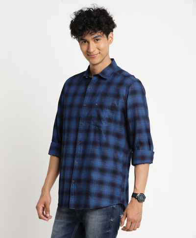 100% Cotton Indigo Navy Blue Checkered Slim Fit Full Sleeve Casual Shirt