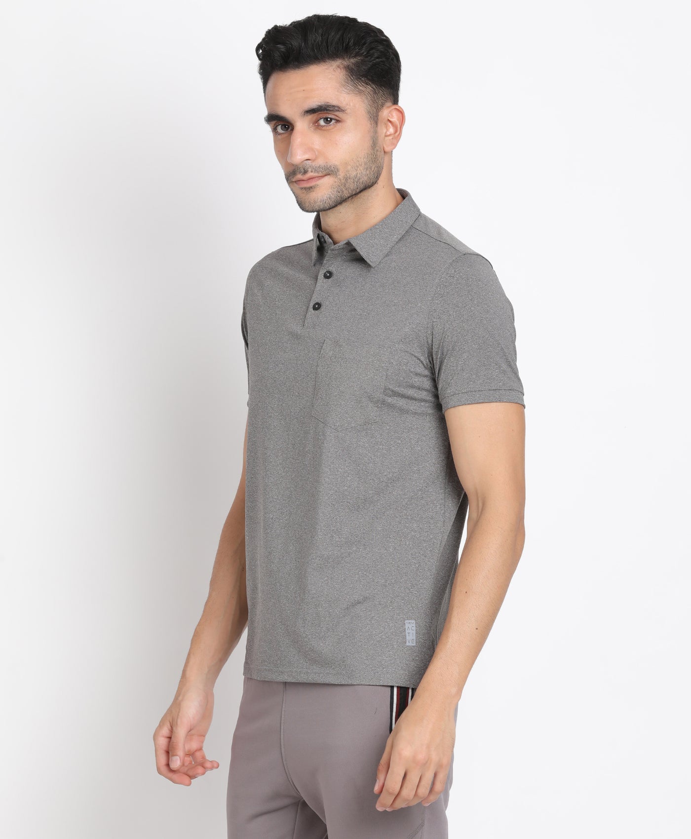 Poly Spandex Melange Grey Plain Polo Neck Half Sleeve Active Essential T-Shirt