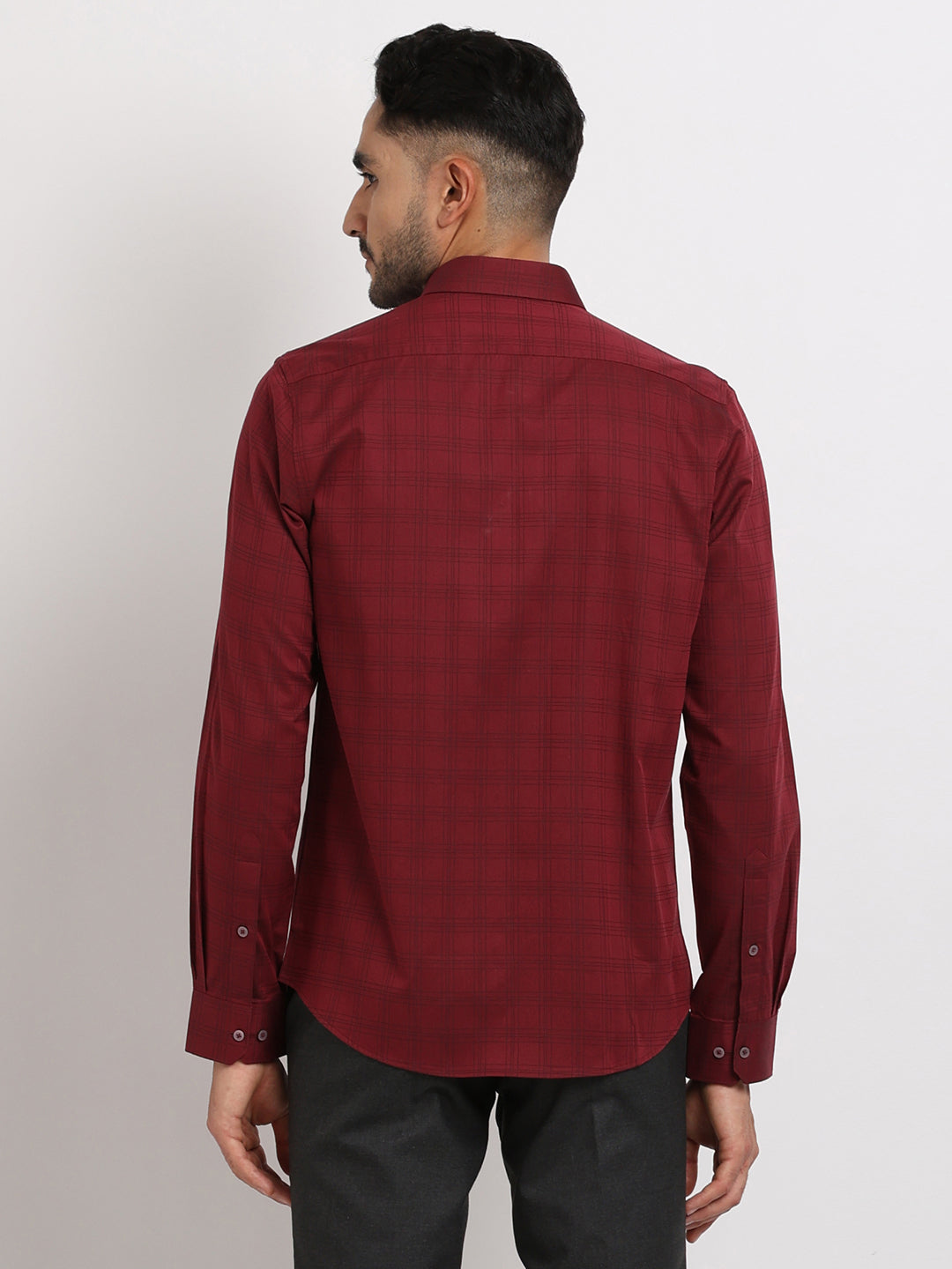 100% Cotton Maroon Checkered Slim Fit Full Sleeve Formal Shirt