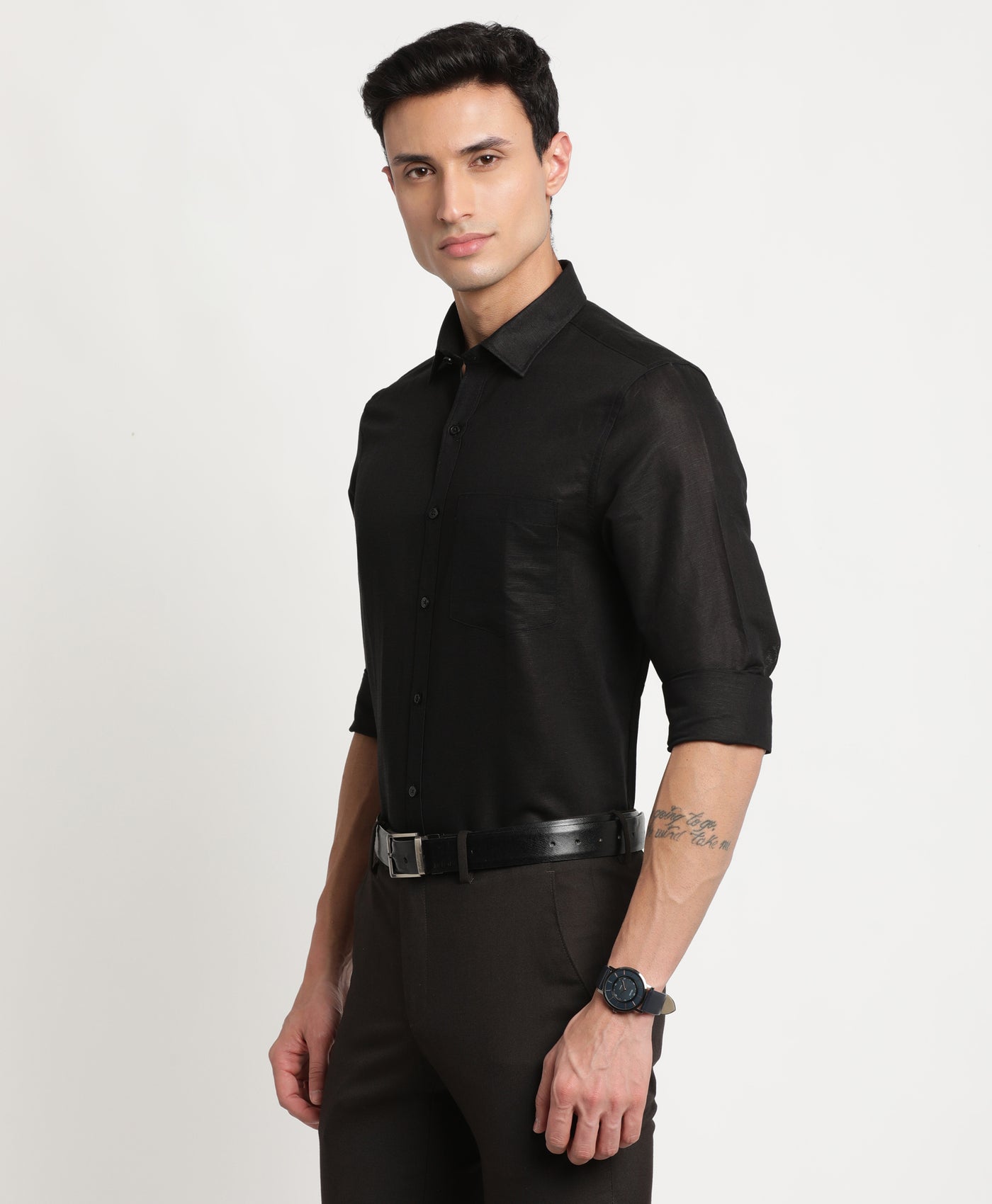 Cotton Linen Black Plain Slim Fit Full Sleeve Formal Shirt