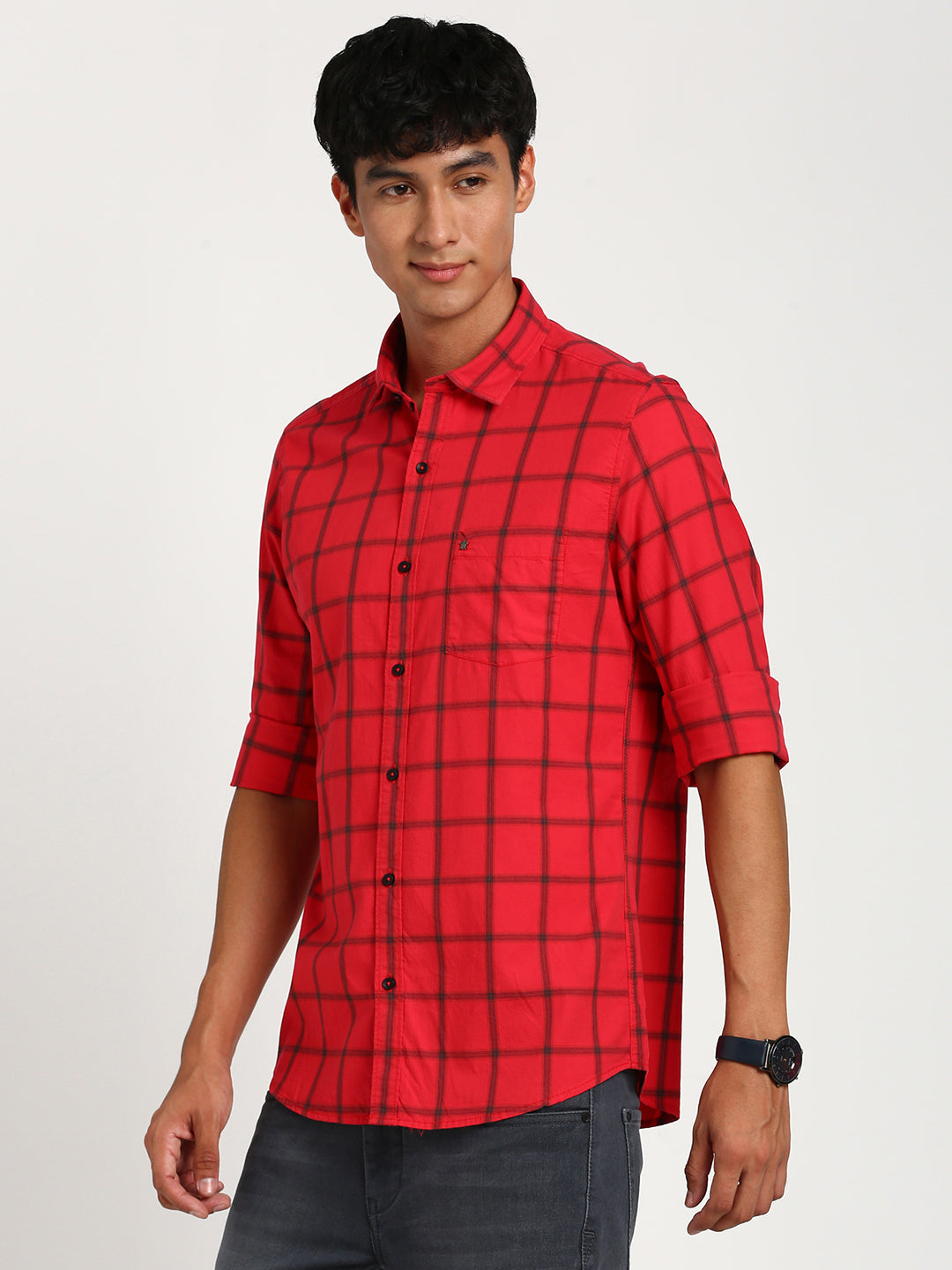 100% Cotton Red Checkered Slim Fit Full Sleeve Casual Shirt