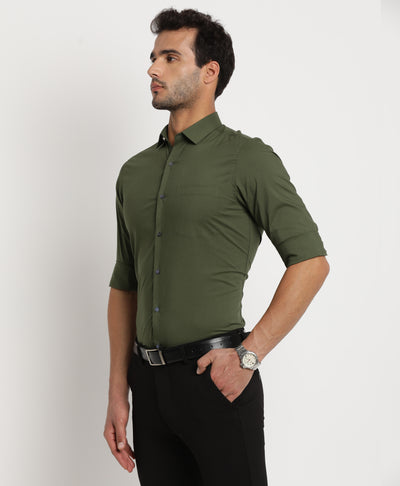 100% Cotton Olive Dobby Slim Fit Full Sleeve Ceremonial Shirt