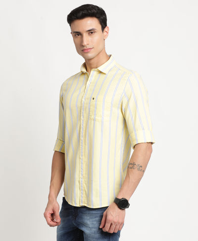 100% Cotton Yellow Striped Slim Fit Full Sleeve Casual Shirt