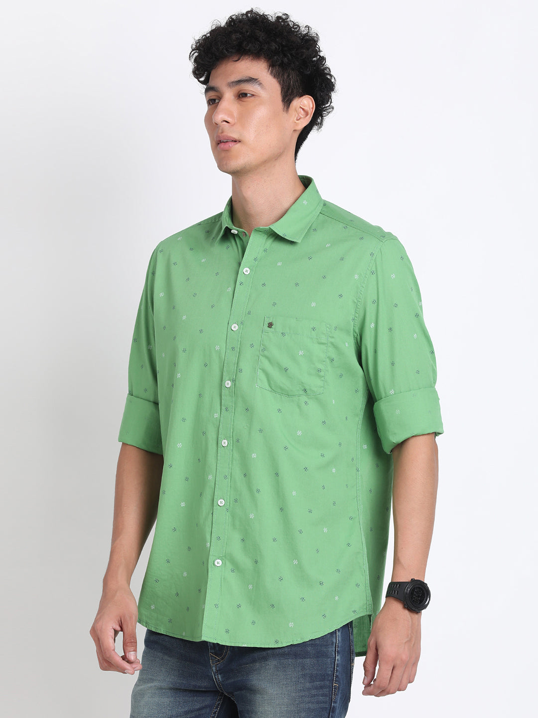 100% Cotton Green Printed Slim Fit Full Sleeve Casual Shirt