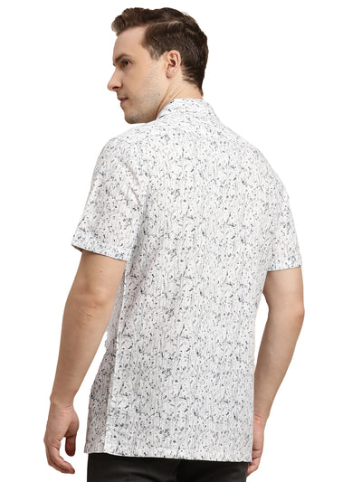 Cotton Linen White Printed Slim Fit Half Sleeve Casual Shirt