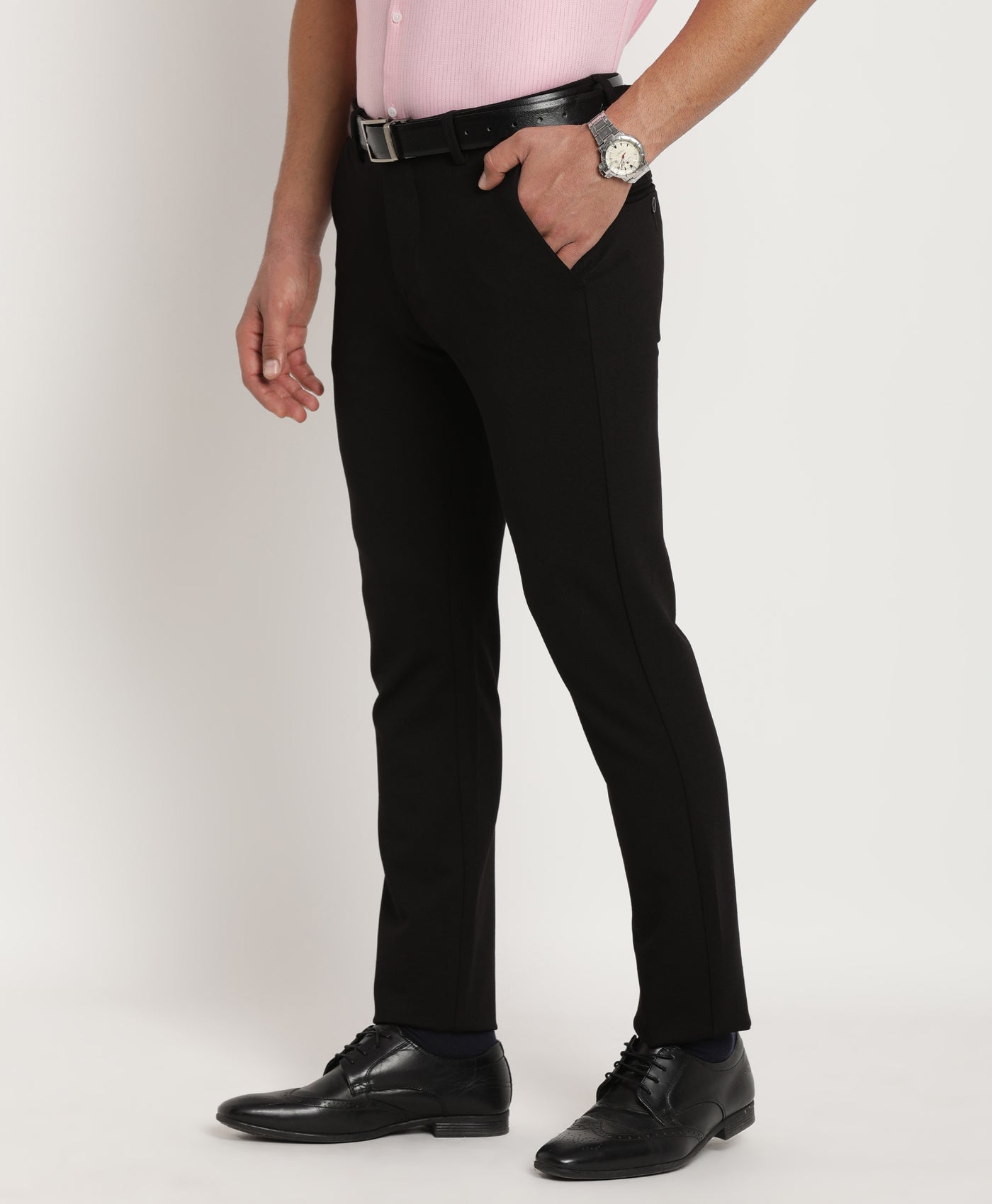 Cotton Stretch Black Plain Ultra Slim Fit Flat Front Casual Trouser