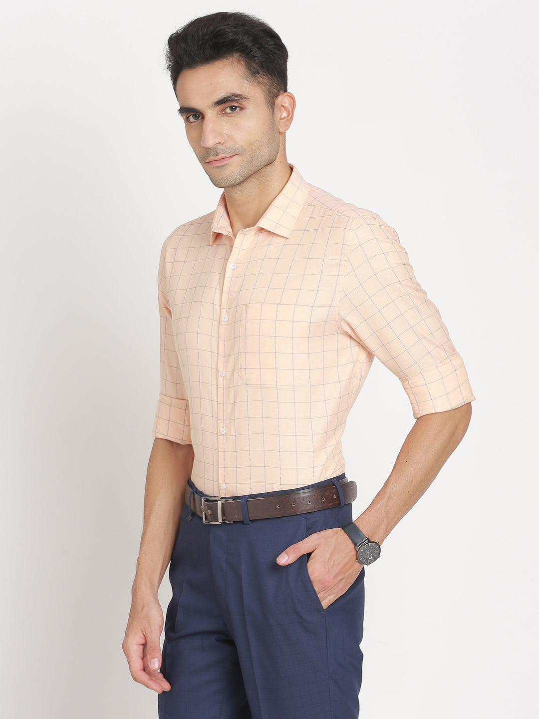 100% Cotton Beige Checkered Slim Fit Full Sleeve Formal Shirt