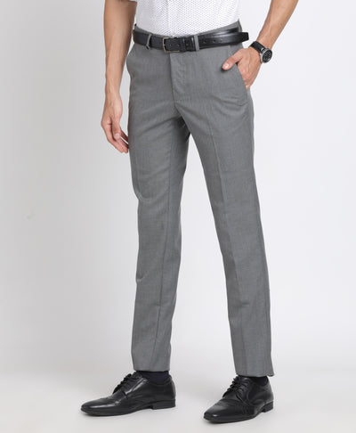 Poly Viscose Grey Plain Slim Fit Flat Front Formal Trouser