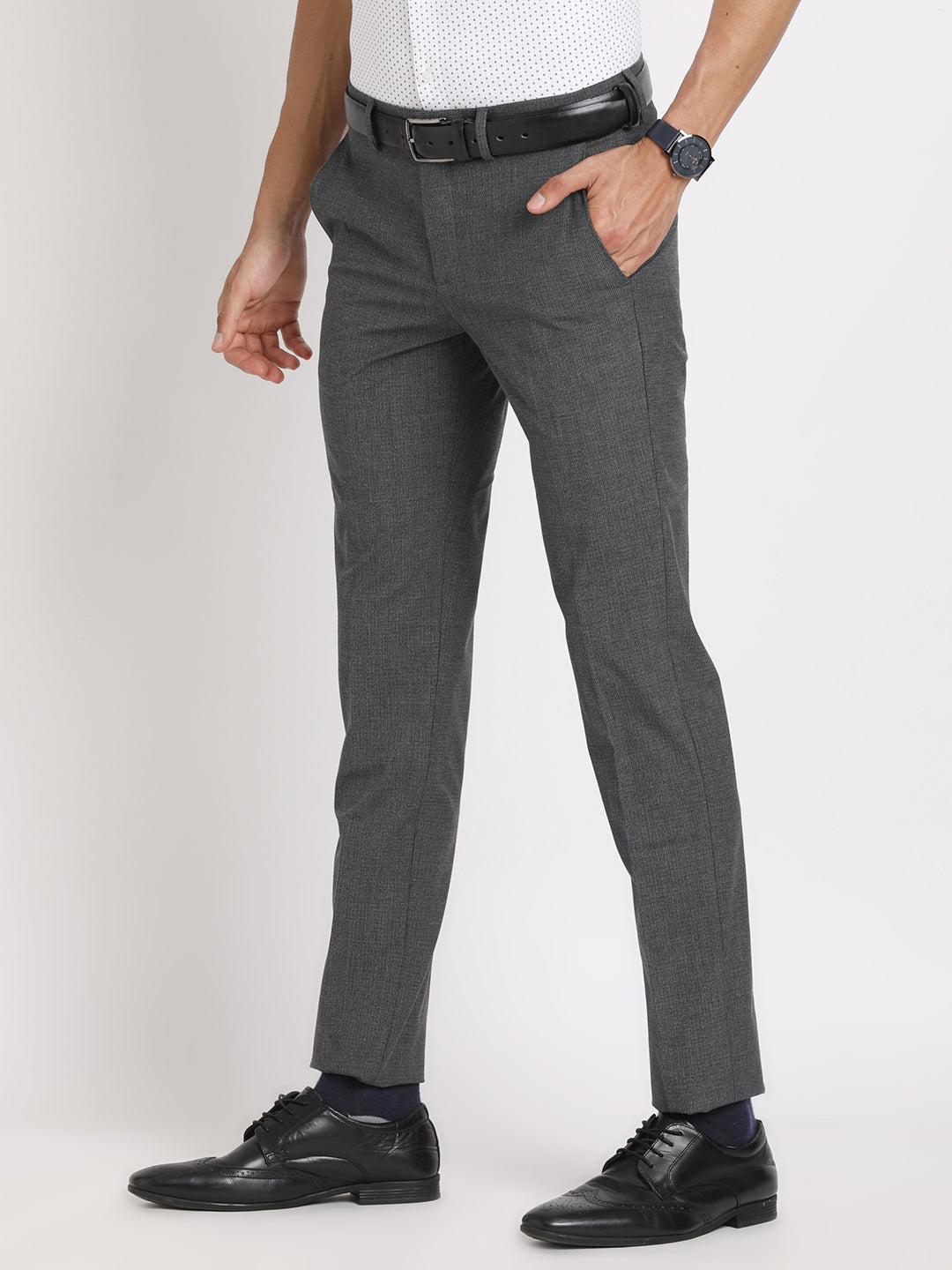 Poly Viscose Grey Checkered Slim Fit Flat Front Ceremonial Trouser