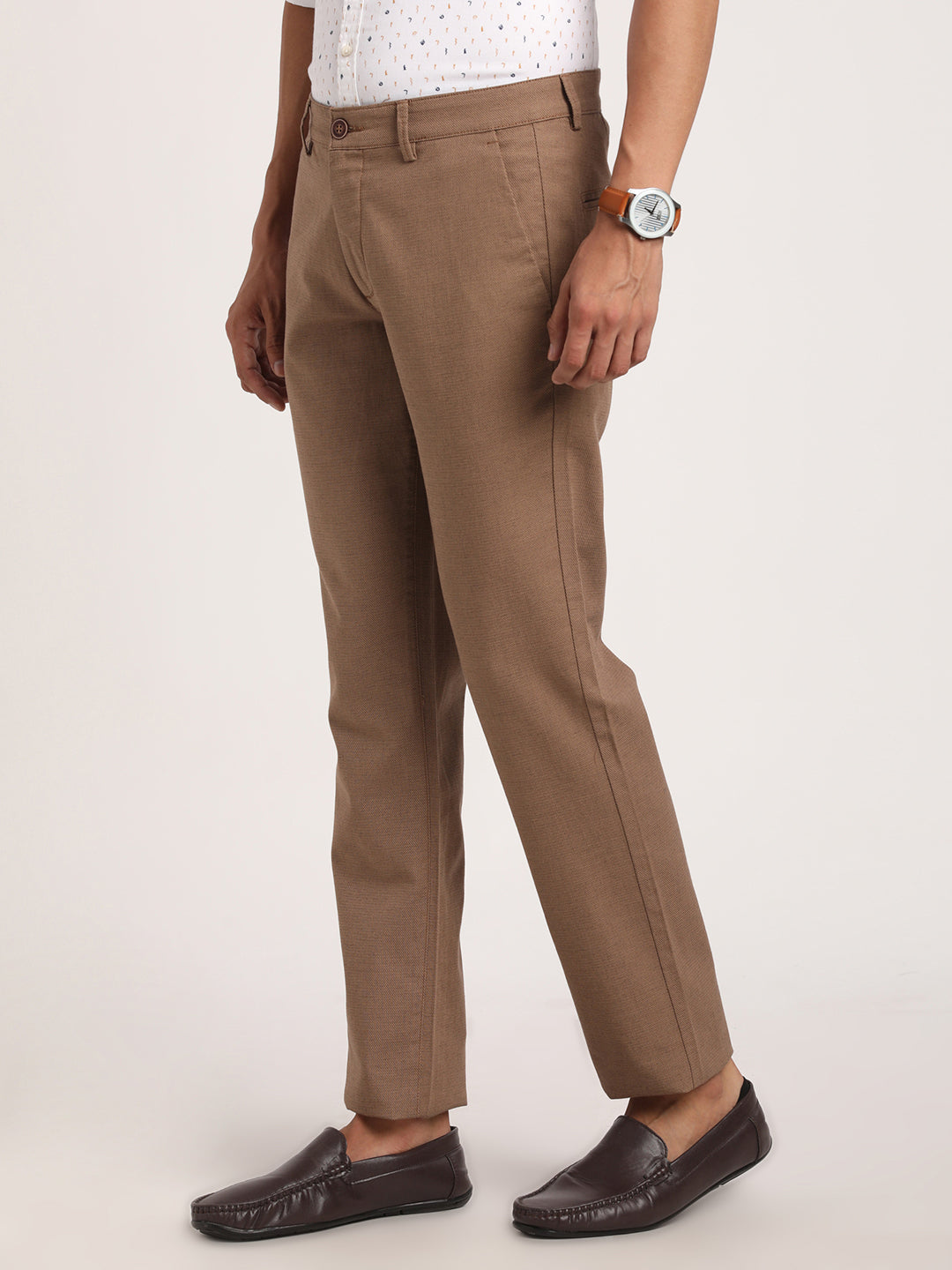 Turtle Men Cotton Khaki Self Design Ultra Slim Fit Stretchable Casual Trousers