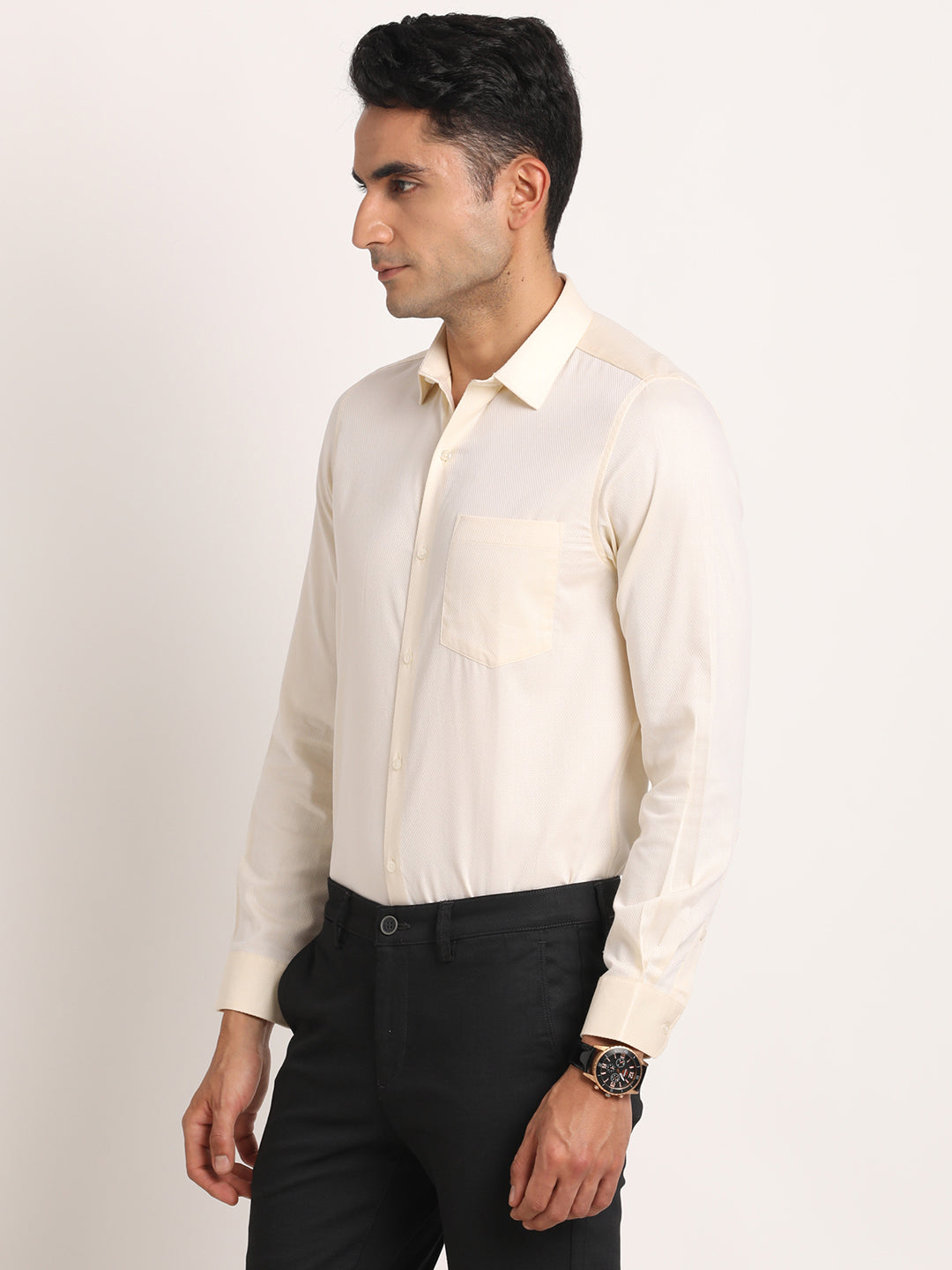 100% Cotton Beige Dobby Slim Fit Full Sleeve Formal Shirt