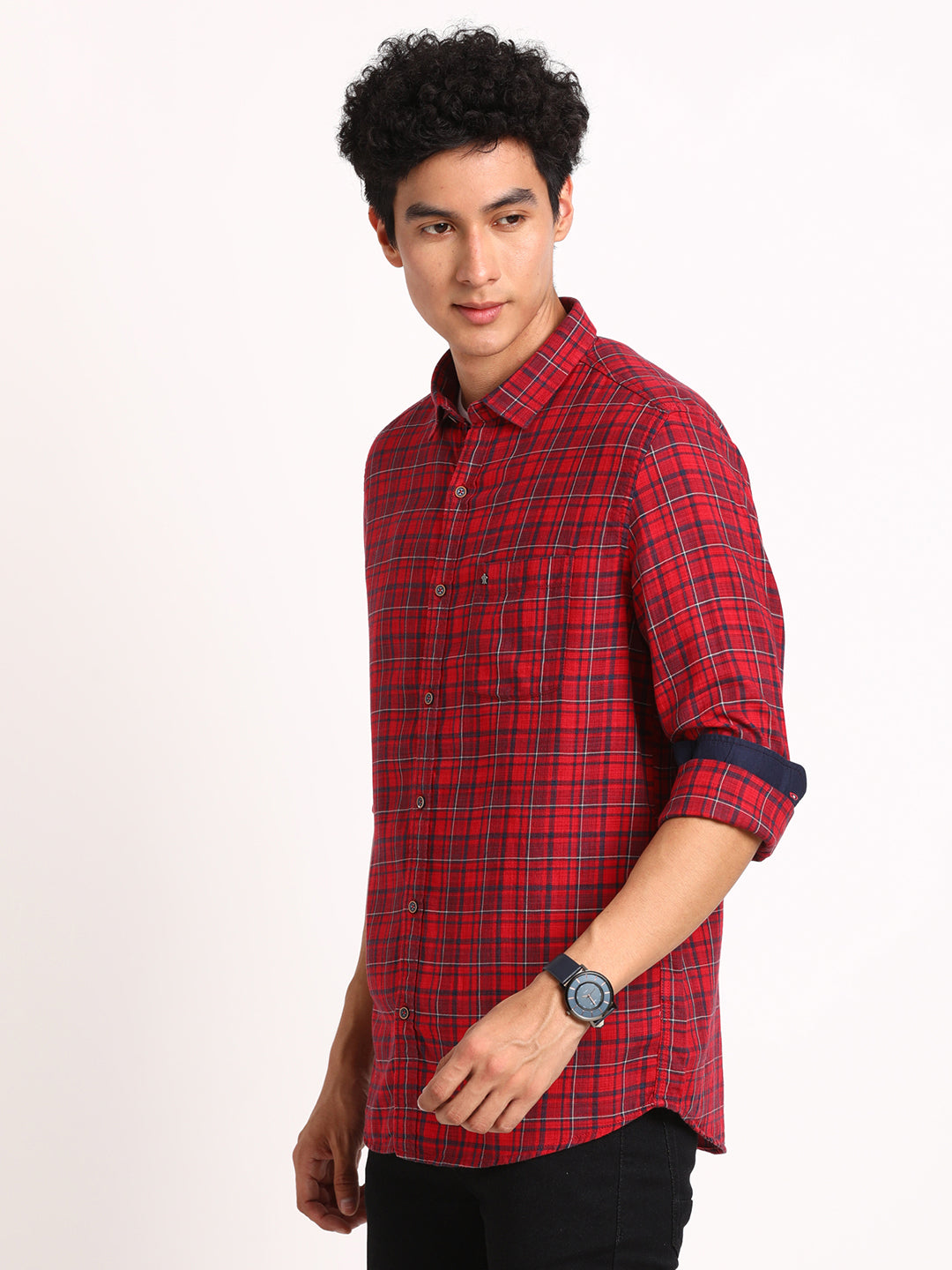 Cotton Lyocell Maroon Checkered Slim Fit Full Sleeve Casual Shirt