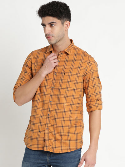 100% Cotton Orange Checkered Slim Fit Full Sleeve Casual Shirt