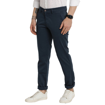 Turtle Men Navy Blue Ultra Slim Fit Self Design Casual Trousers