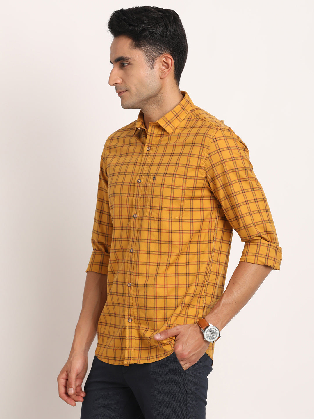 Cotton Yellow Checkered Full Sleeve Casual Shirt