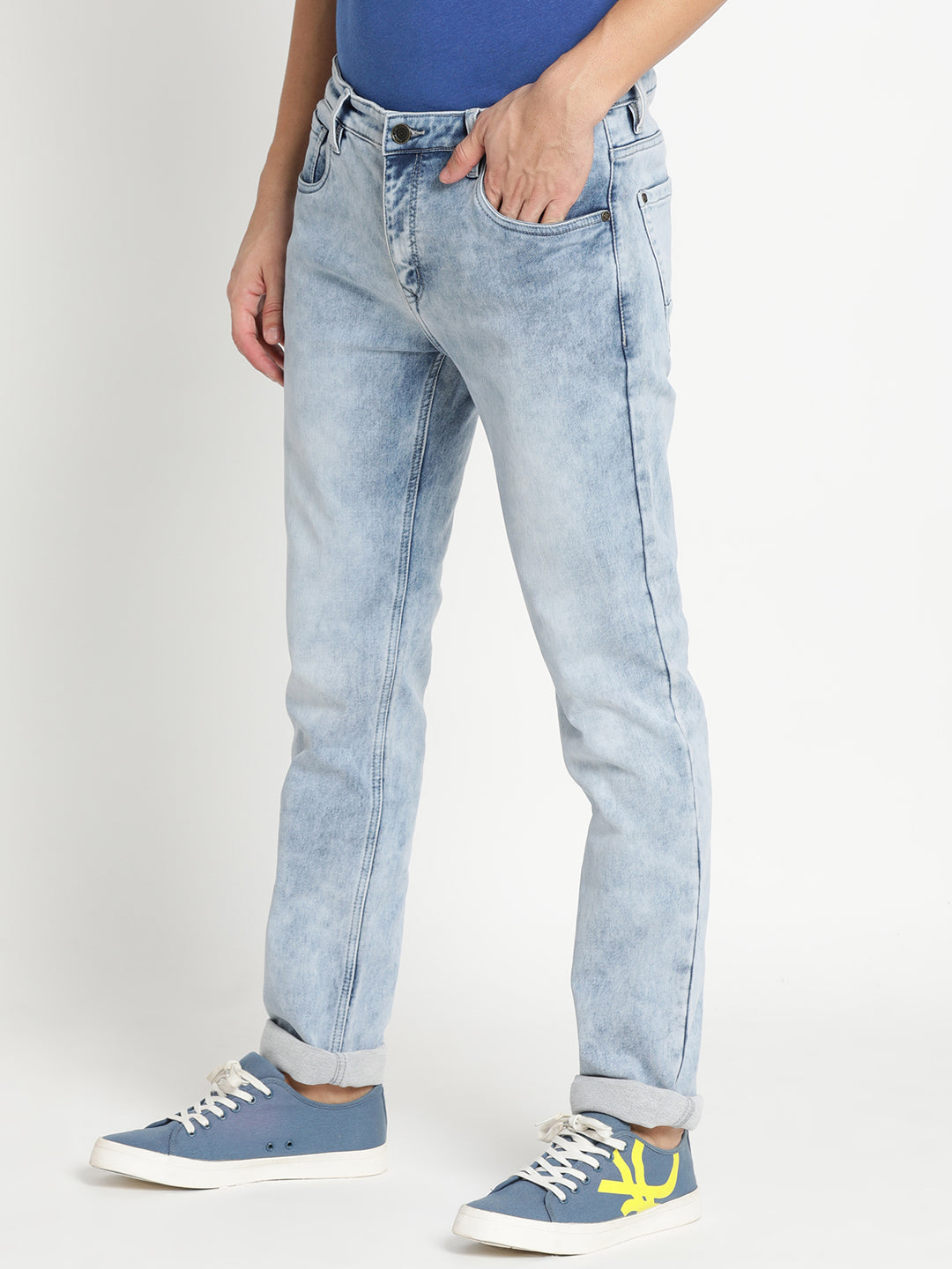 Cotton Stretch Light Blue Plain Narrow Fit Flat Front Casual Jeans